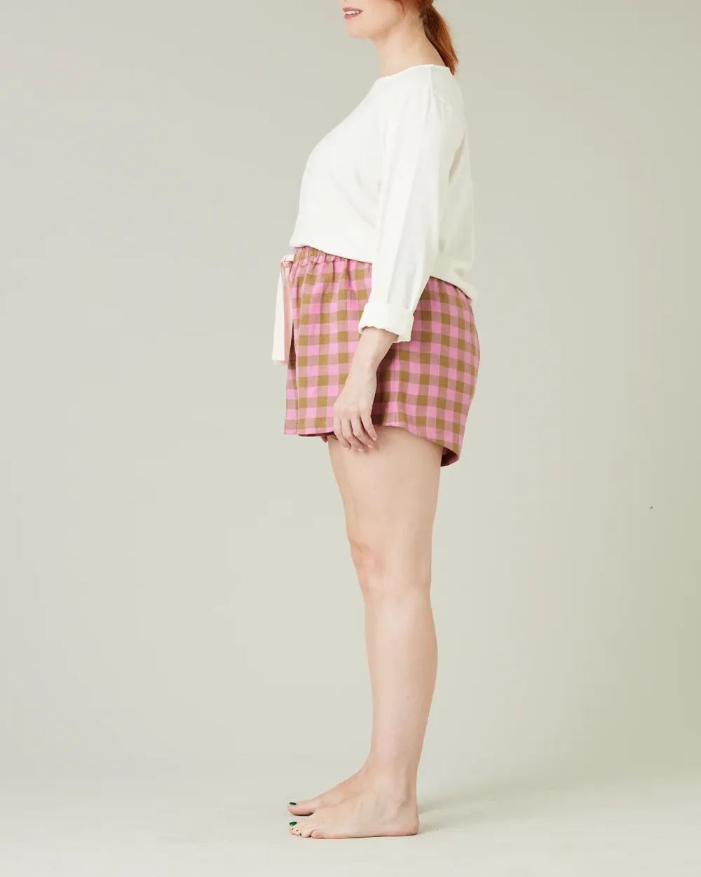 PINK & OLIVE CHECK LINEN SHORT