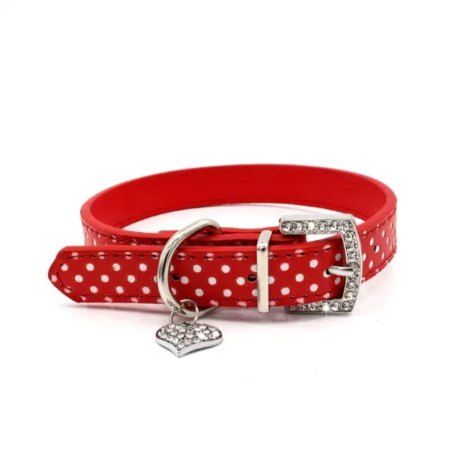 Lovely Small Pets Dog Cat Collar Polka Dot Pattern Dog Collar leather with Heart Crystal Pendant pet products