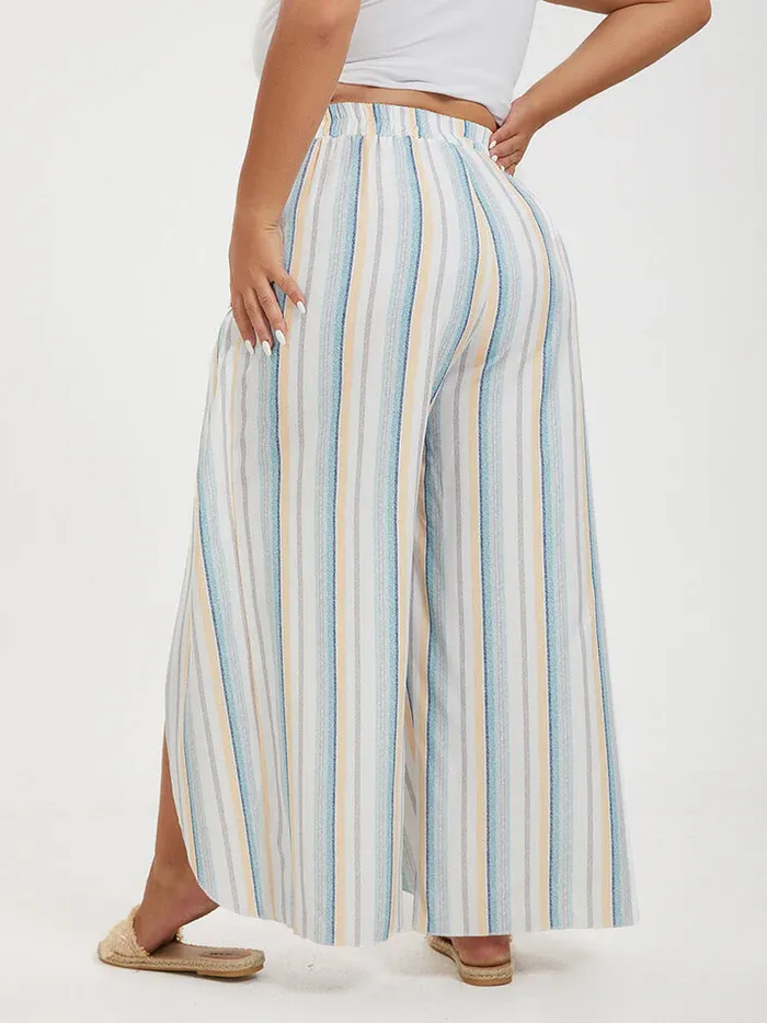 Plus Colorblock Striped Tulip Hem Elastic Waist Wide Leg Pants