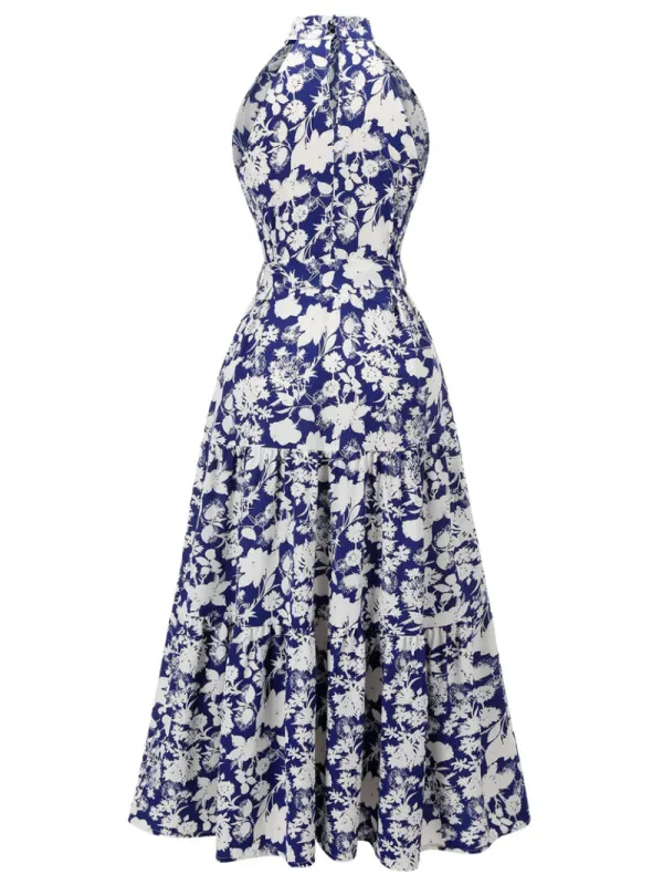 BLUE 1930S STAND COLLAR FLORAL DRESS