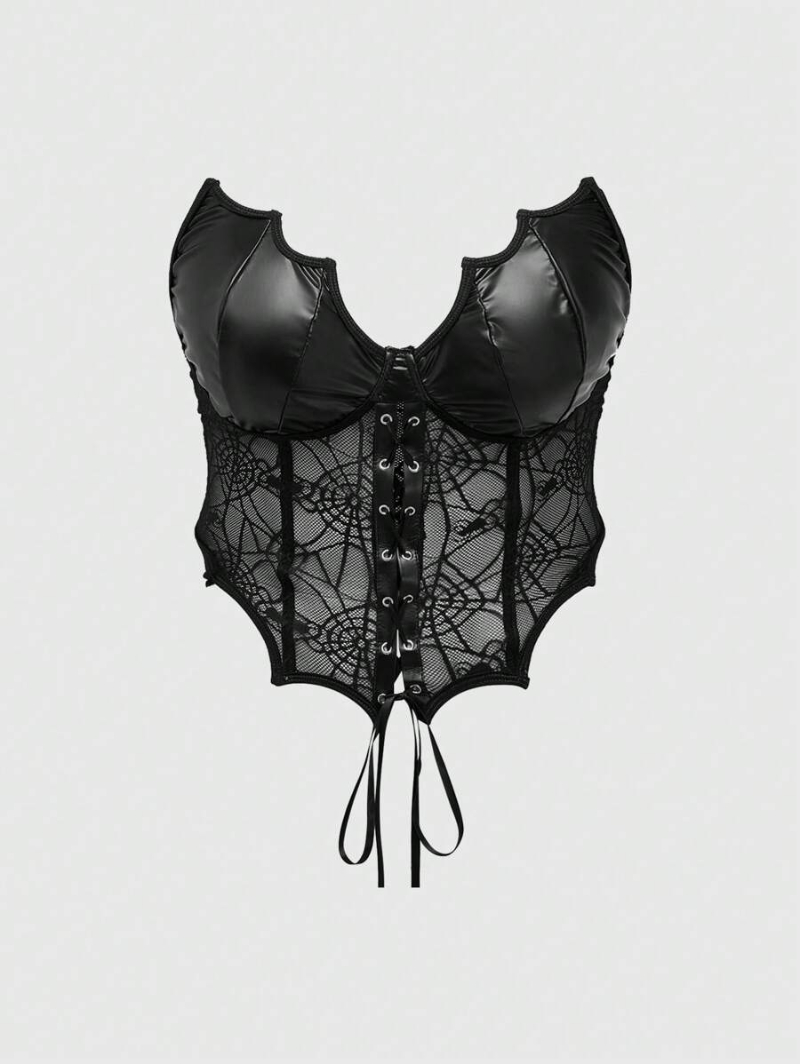 Goth Sexy Gothic Y2K PU Leather Bat Shape Bust Cup Spliced Spiders Net Lace Fishbone Hem Plus Size Corset Top