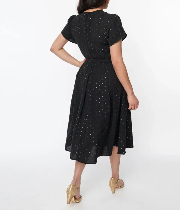 Unique Vintage Black & Gold Clip Dot Dahlia Swing Dress