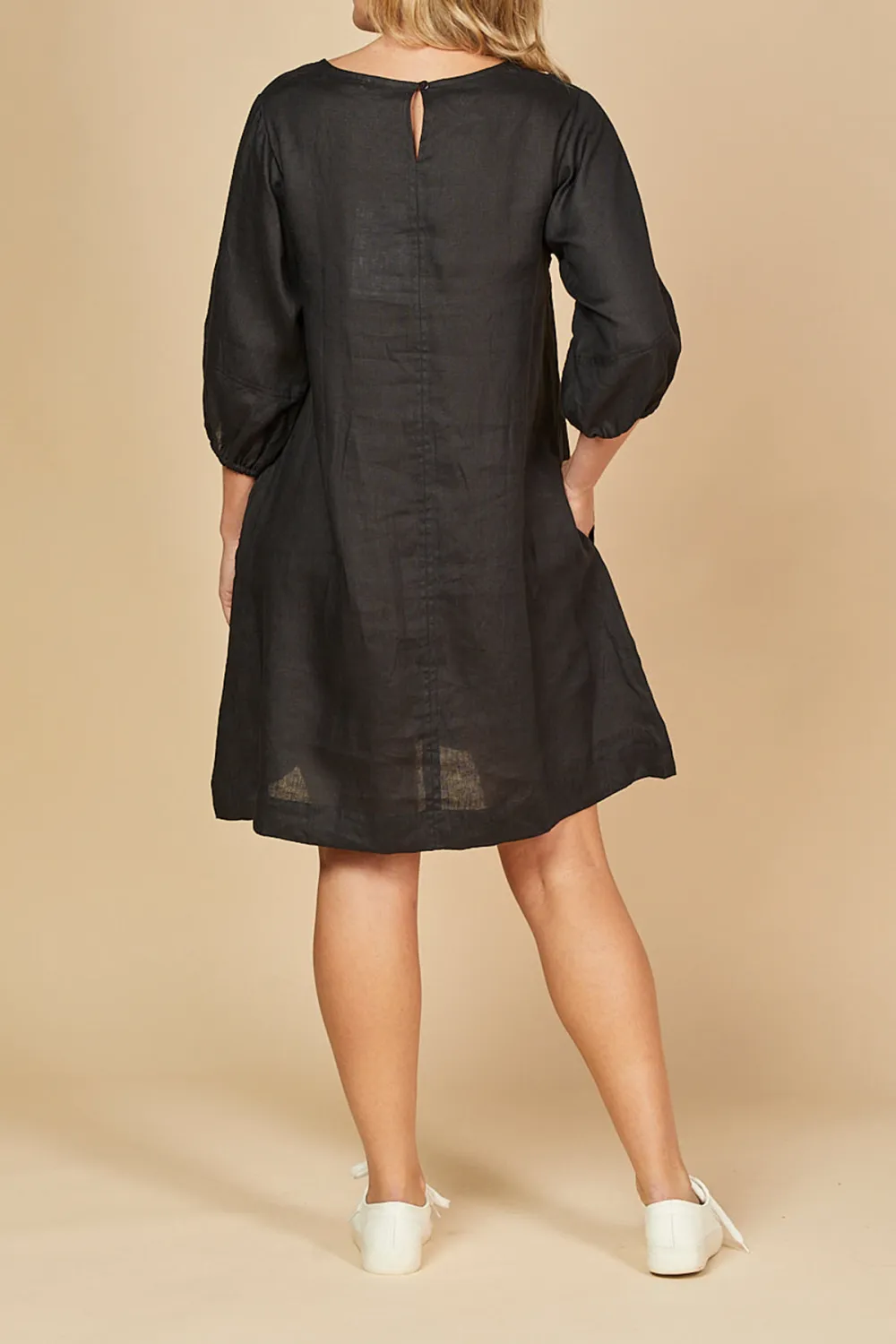 Hazel Short Linen Shift Dress in Black