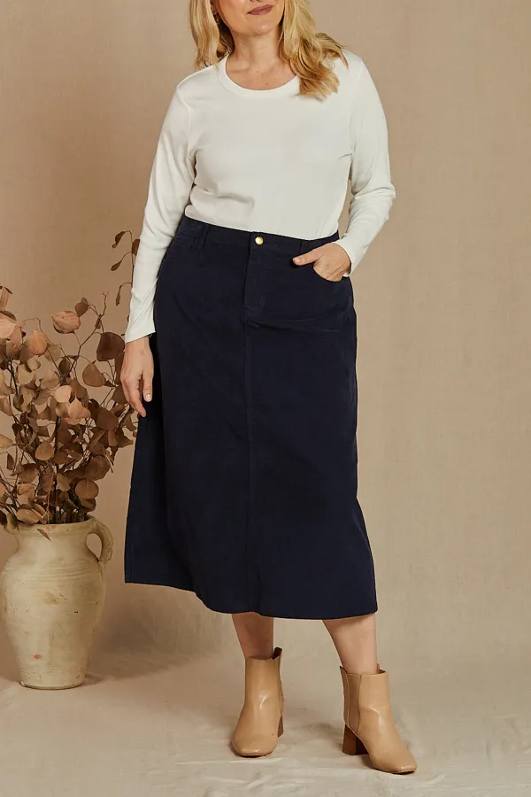 Adrift A-Line Brushed Cotton Skirt in Navy