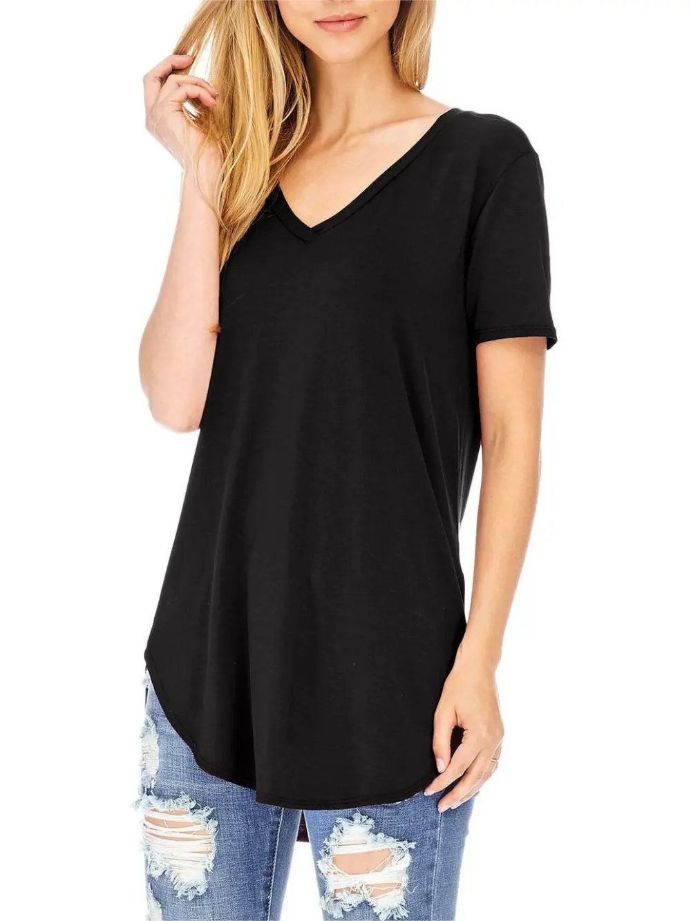 Round Hem V-Neck Tee