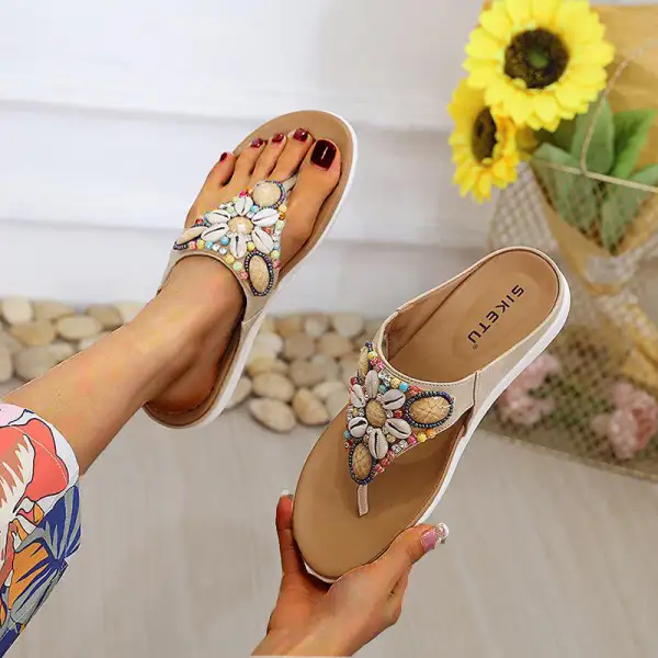 Cilool Ethnic Beach Bohemian Retro Beaded Shell Sandals