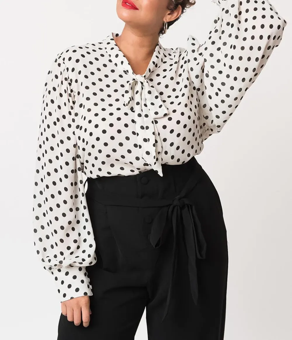 Unique Vintage Plus Size White And Black Polka Dot Neck Tie Gwen Blouse