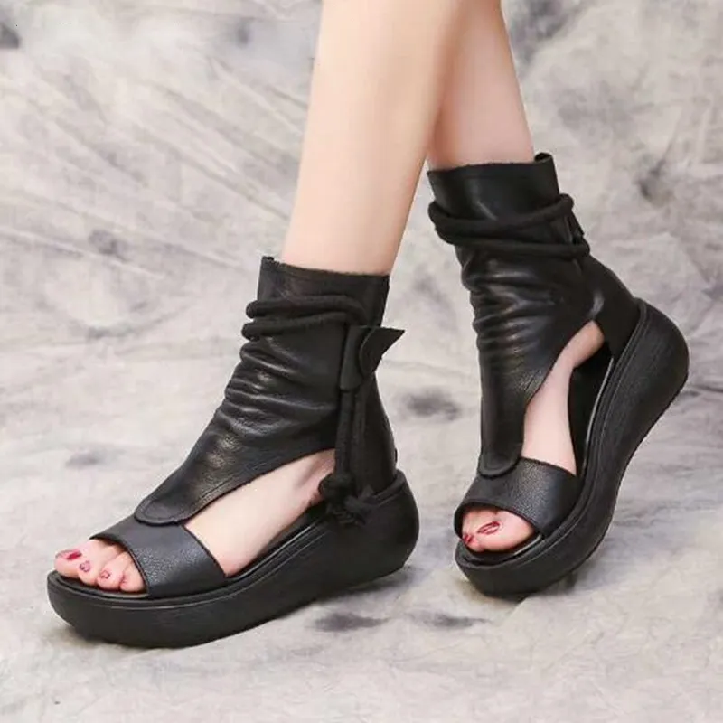 Cilool New Summer Black Women Leather Sandals