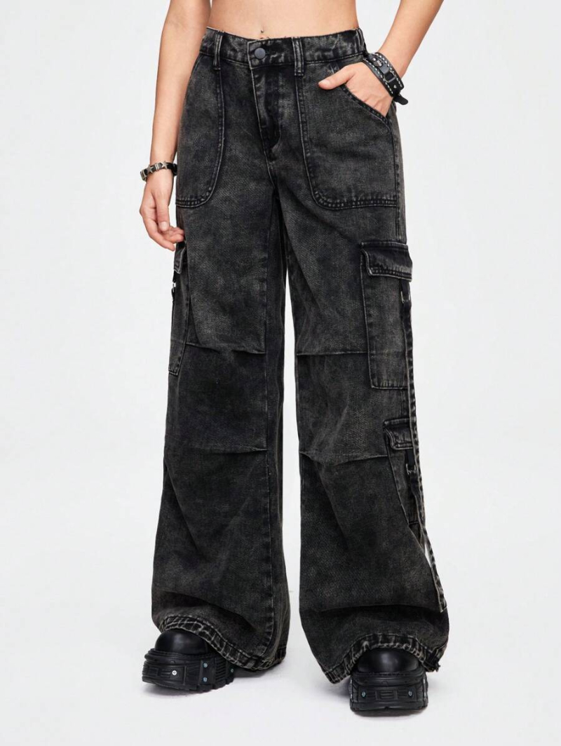 Grunge Punk Grunge Street Fashion Retro Hip-Hop Heavy Industry Distressing Snowflakes Washed Ultra-Low Waist Loose Wide-Leg Jeans With Adjustable Cuffs