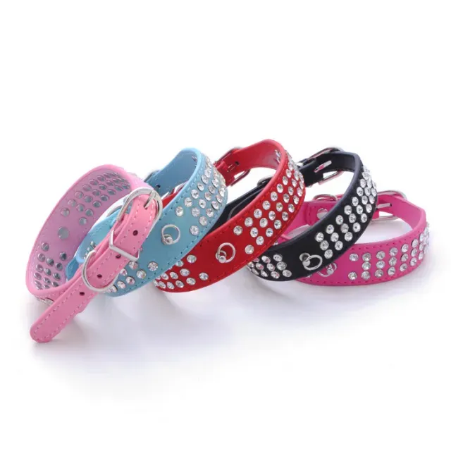 Suede Leather Dog Collars 3 Rows Rhinestone Dog collar diamante Cute Pet Collars 100% Quality 4 Sizes