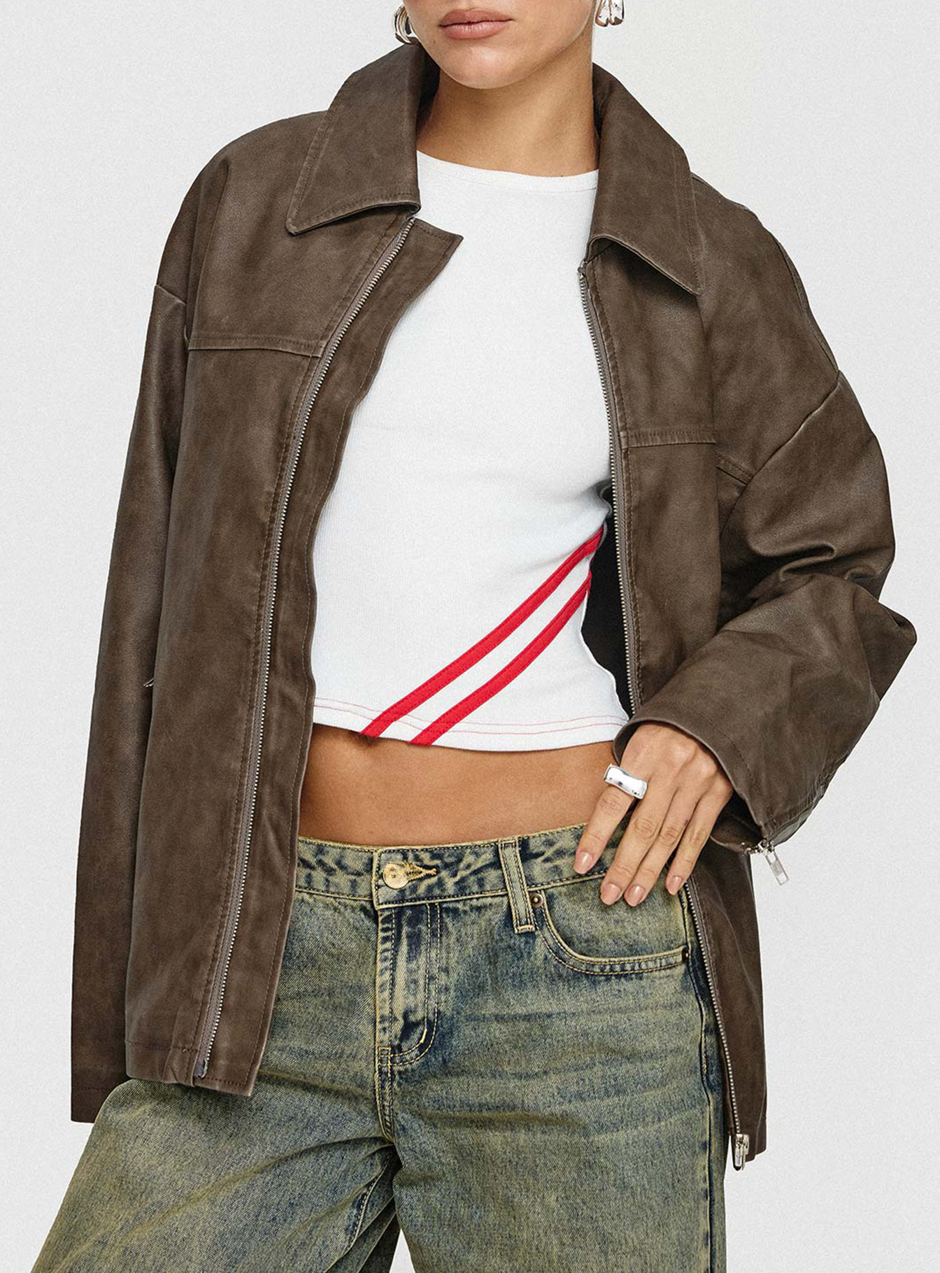 Faux Leather Collared Dad Jacket Washed Brown