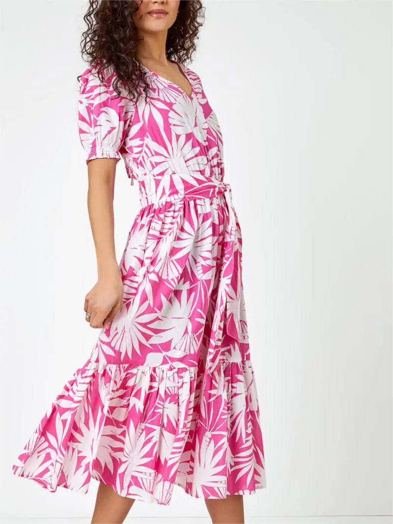 Fuchsia Cotton Floral Print Tiered Midi Dress