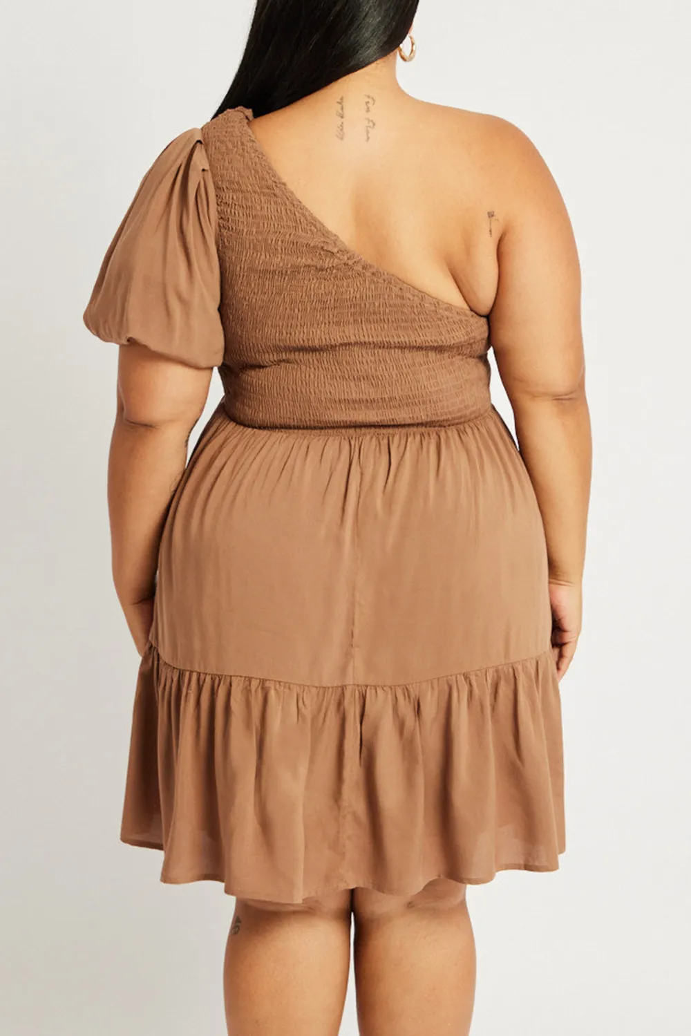 Brown One Shoulder Dress Shirred Bodice Pockets