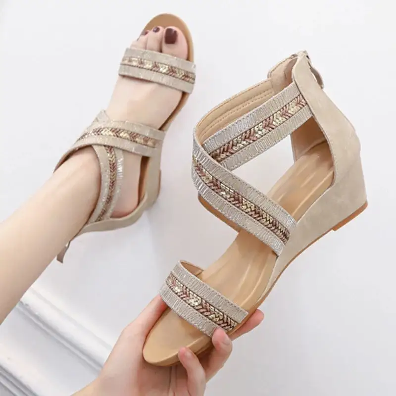 Bling Women Shoes Platform Sandals Cross Strap Wedge Cover Heel Gladiator Rome Bohemian Travel Footwear Outdoor Beach Sandals