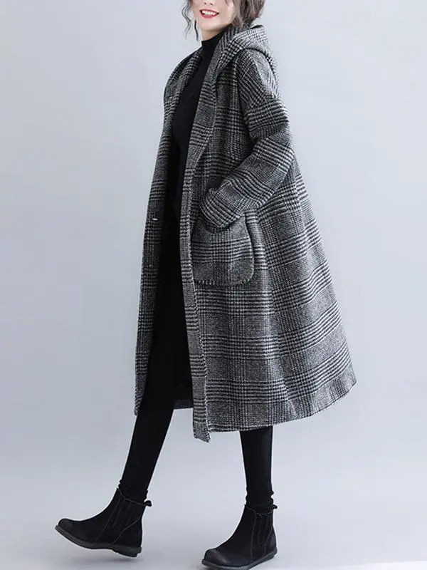 Loose Plaid Woolen Hood Coat