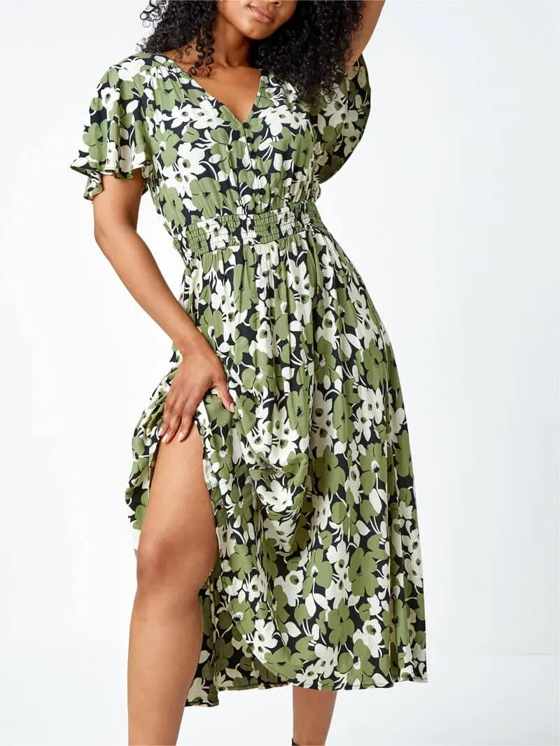 Green Petite Floral Print Shirred Midi Dress