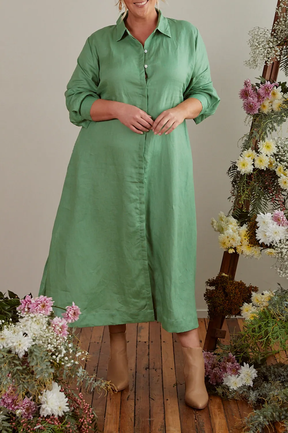 Gracie Long Sleeve Linen Dress in Jadesheen