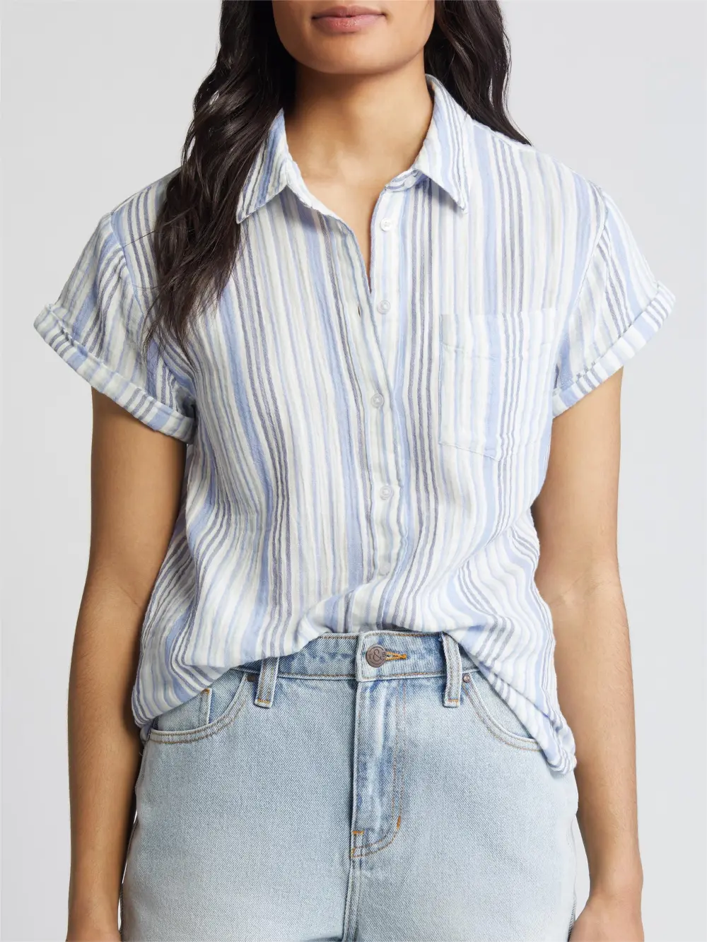 Stripe Cotton Gauze Button-Up Shirt