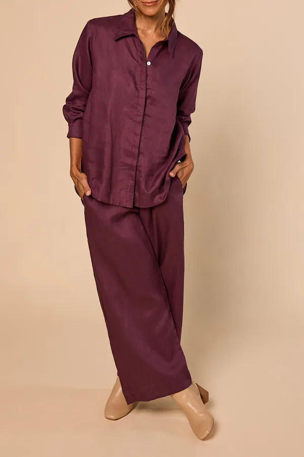 Camille Linen Wide Leg Pant in Plum