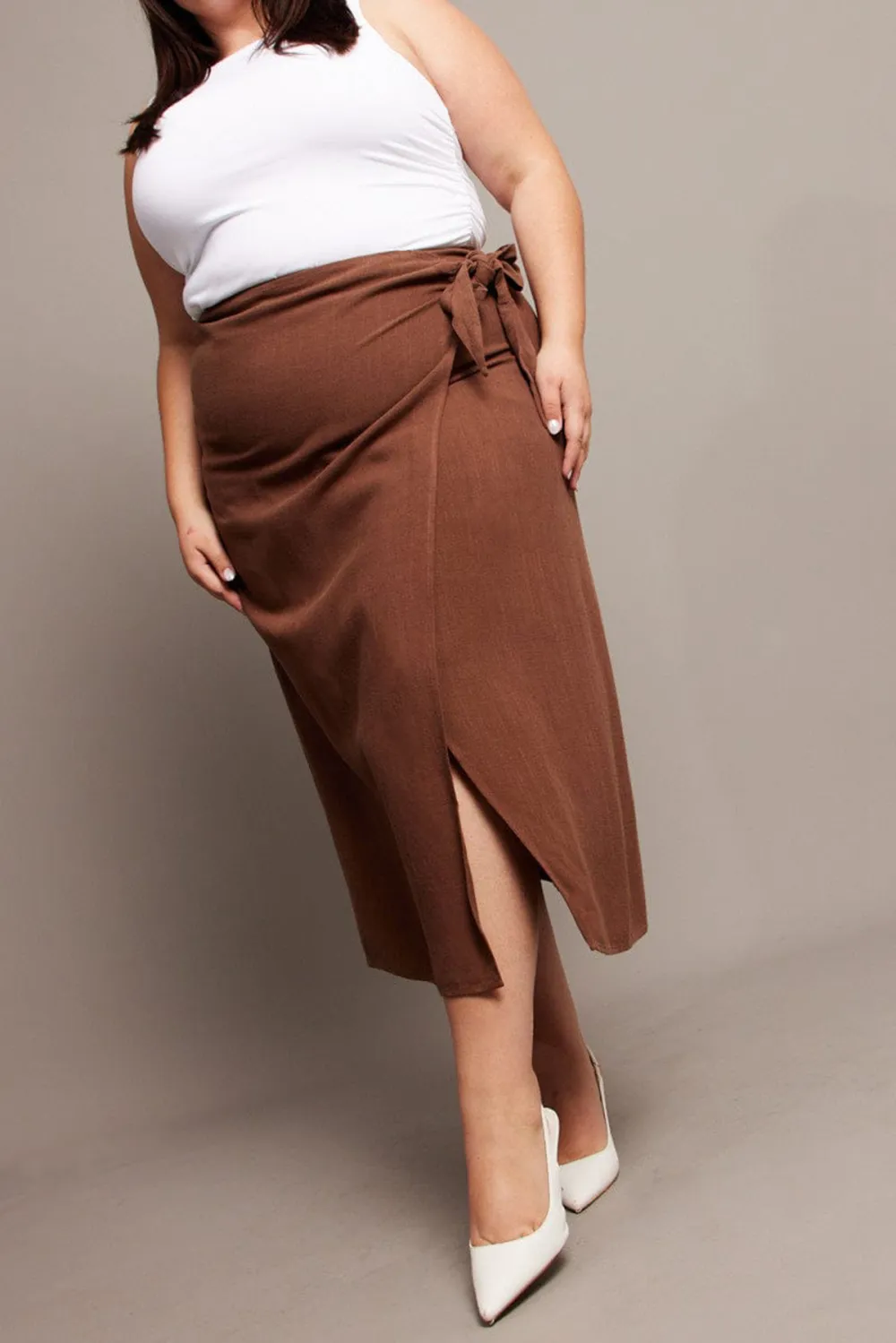 Brown Faux Wrap Linen Blend Midi Skirt