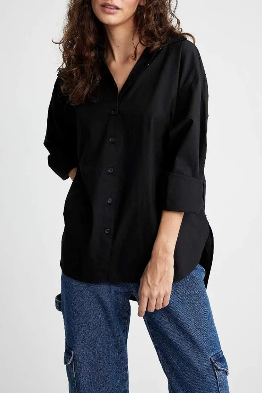 Oversize Fit Shirt Collar Poplin Long Sleeve Shirt