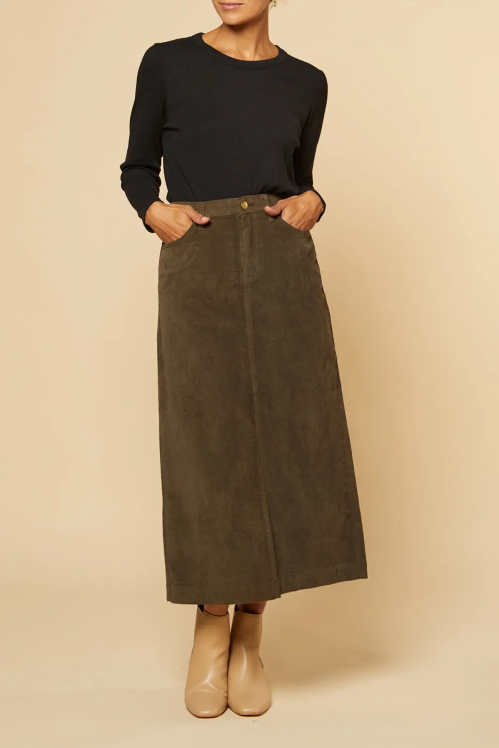 Adrift Split Brushed Cotton Skirt in Olive