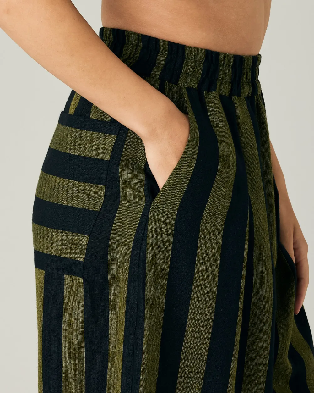 BOBBI BLACK & OLIVE STRIPE LINEN TROUSERS