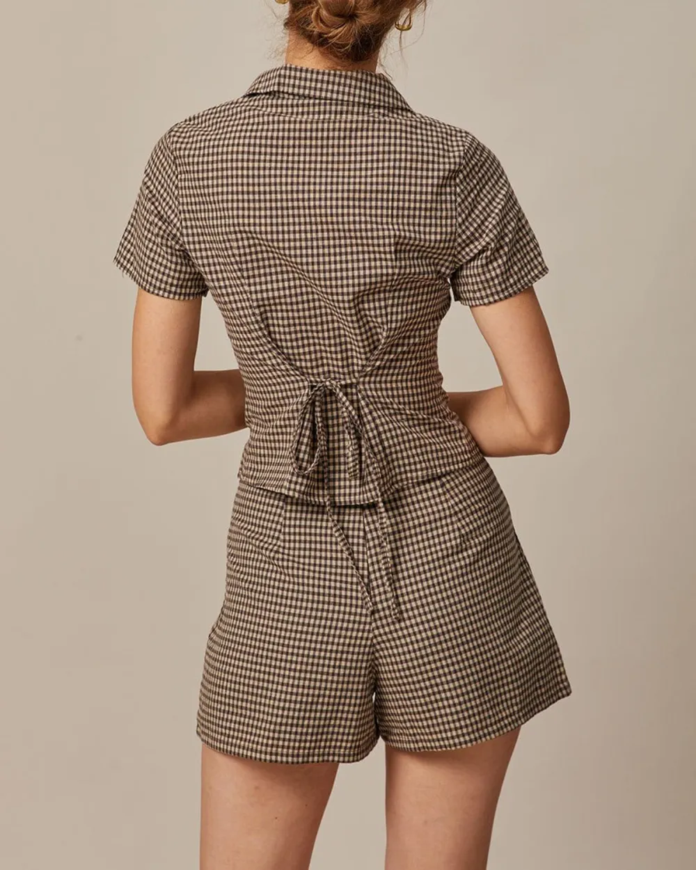 The Brown Lapel Plaid Short Sleeve Blouse