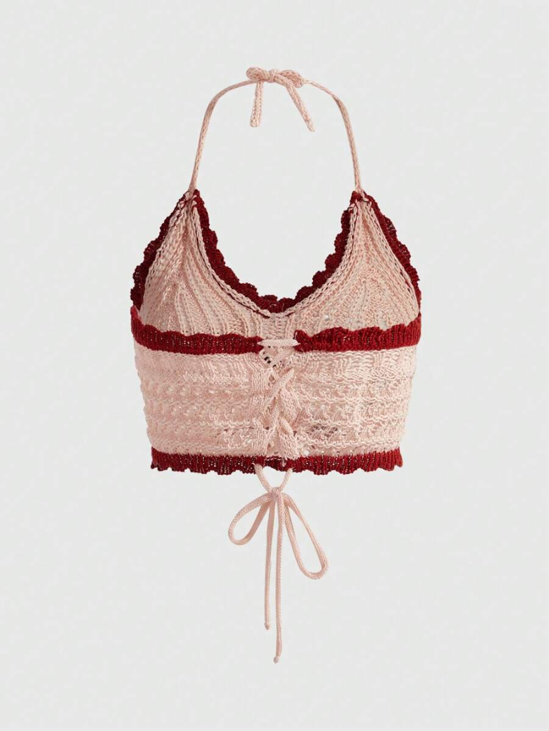 Kawaii Summer Crochet Beach Holiday Sweet, Cute Cherry Decorated Color Block Knitted Halter Top