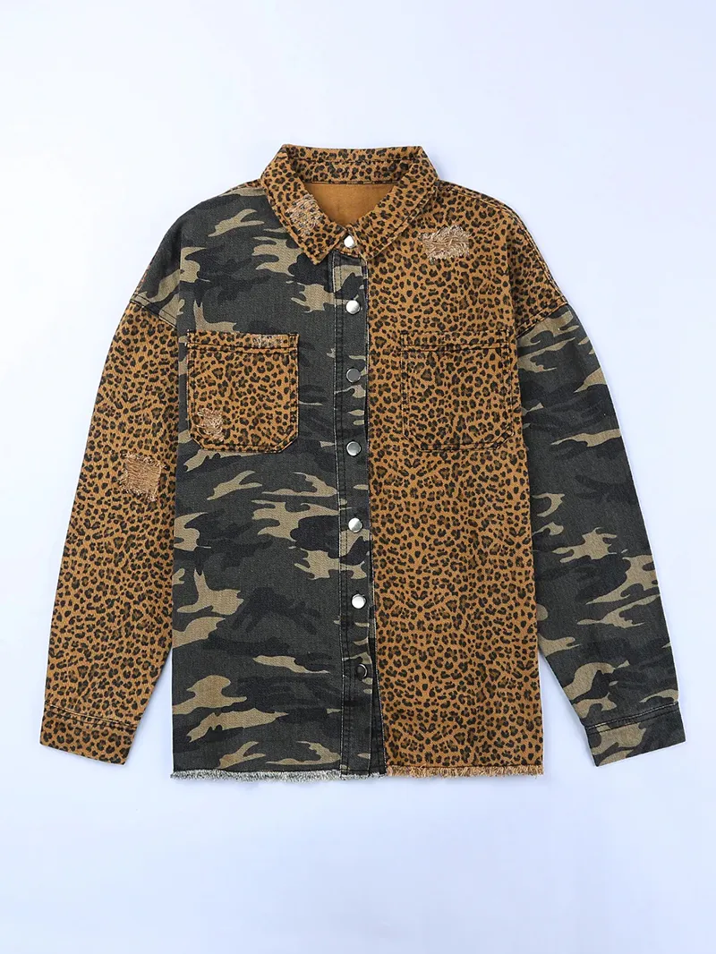 Casual leopard print patchwork camouflage jacket