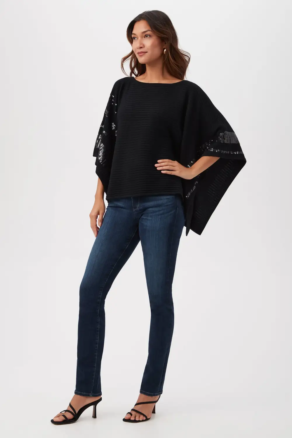 ADELA MERINO WOOL WRAP SWEATER WITH BLACK SEQUIN STRIPES