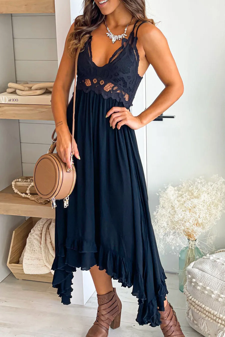 Black Crochet Top High Low Dress