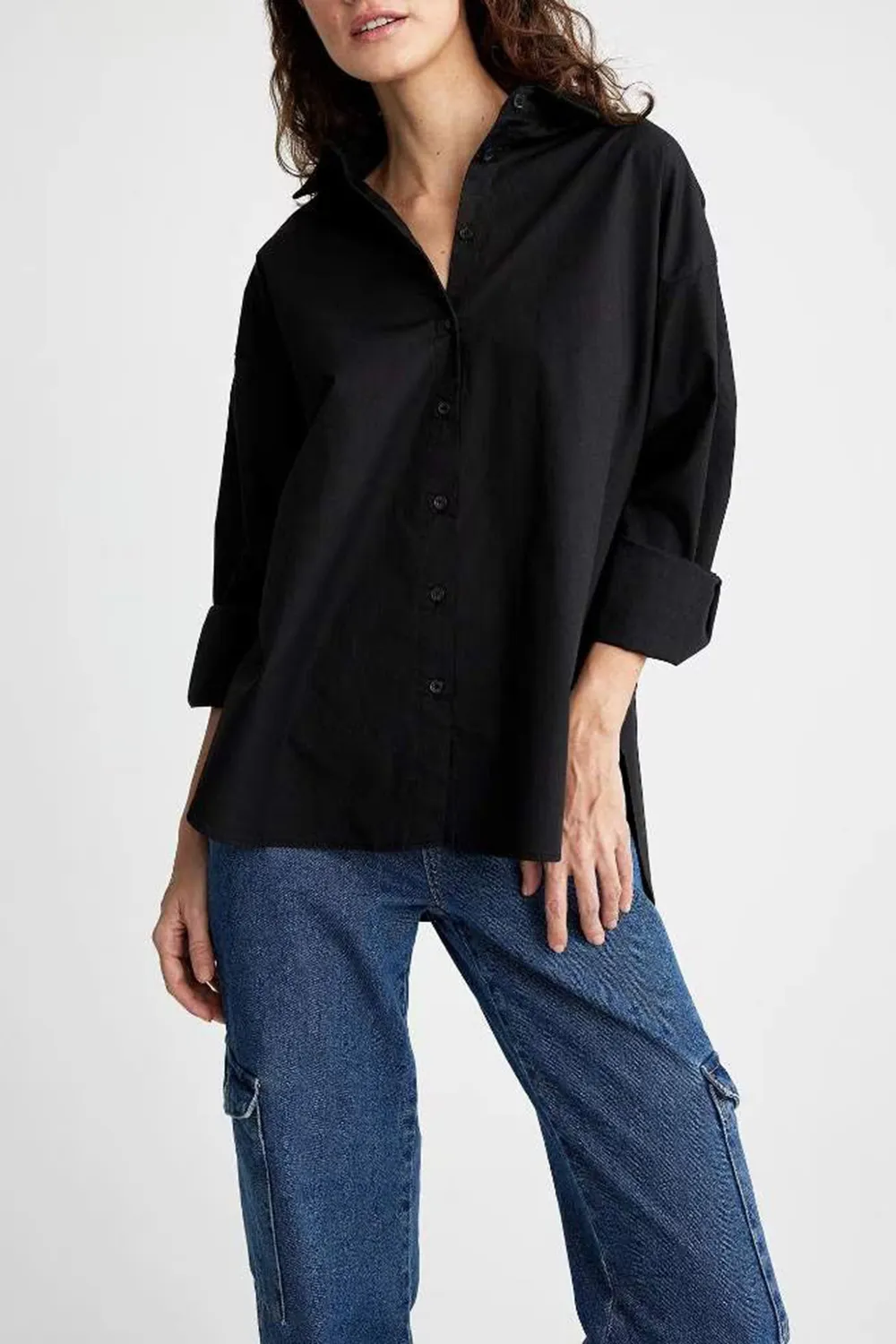 Oversize Fit Shirt Collar Poplin Long Sleeve Shirt