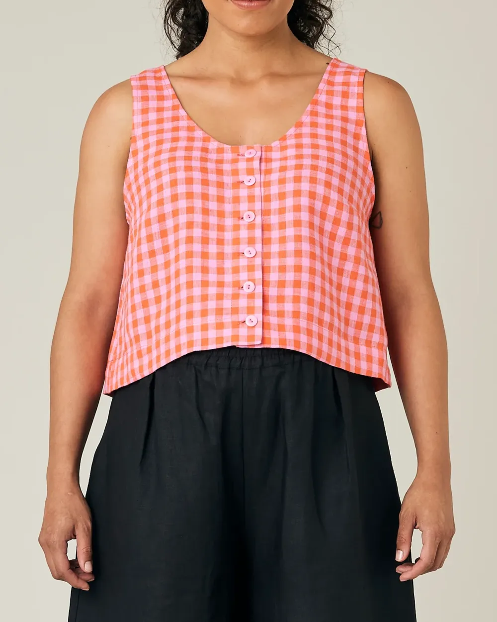 BETTY TOMATO & PINK CHECK LINEN TOP