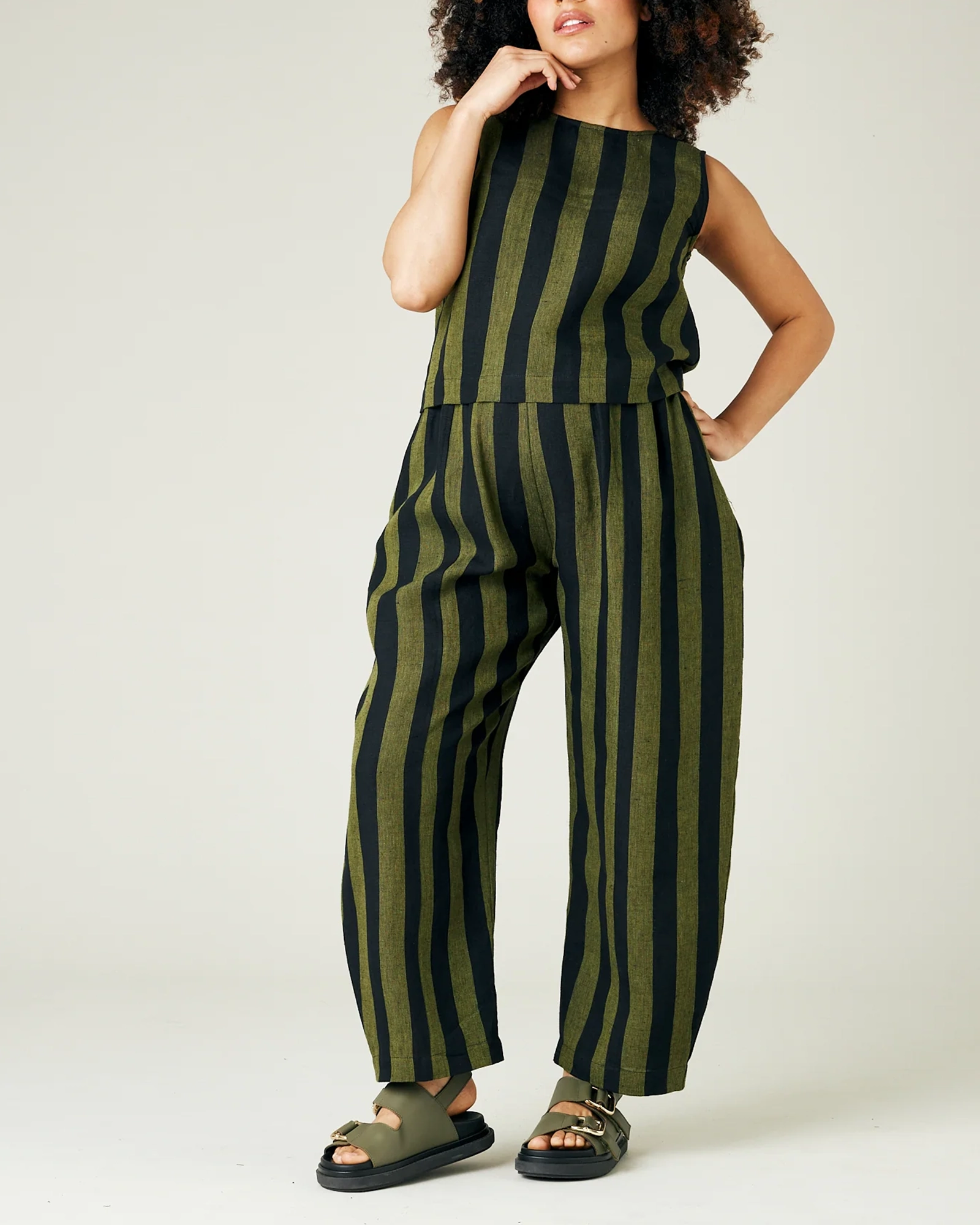 OLIVE AND BLACK STRIPE LINEN TROUSERS