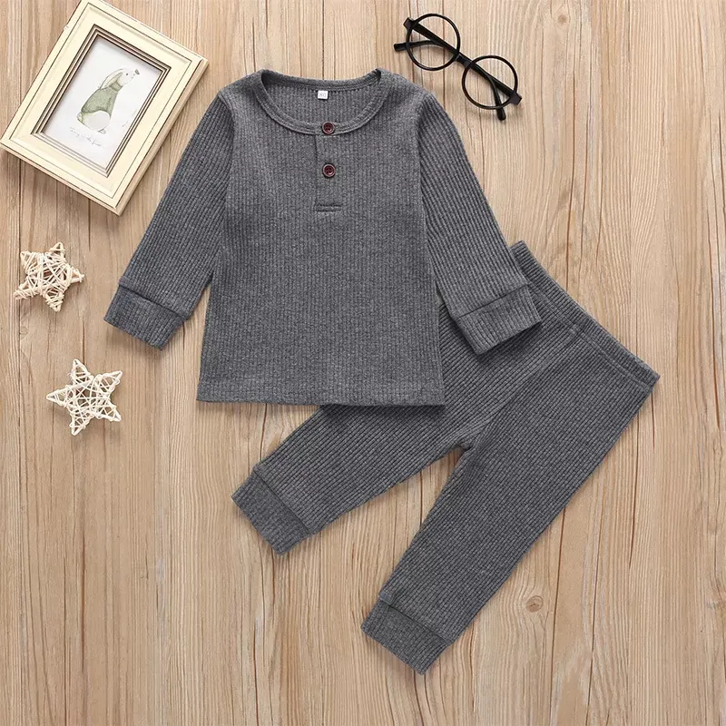 Solid Color Ribbed Kids Pajamas Sets Fashion Children Unisex Clothes Cotton Long Sleeve Pajamas+Pants Spring Autumn Baby Clothing