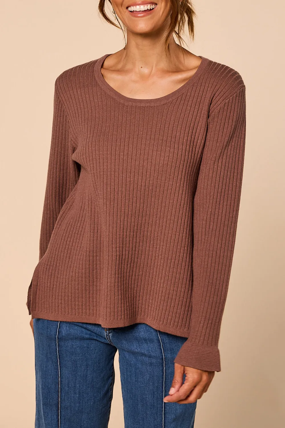 Long Sleeve Knitted Top In Cacao