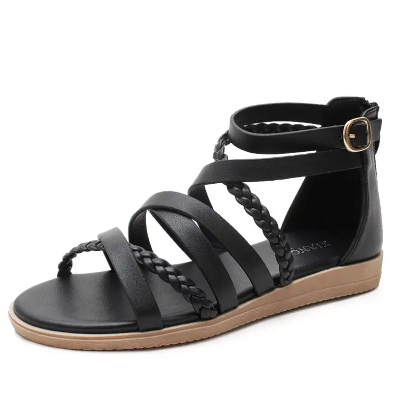 Cilool Ankle Buckle Design Round Toe Retro Sandals