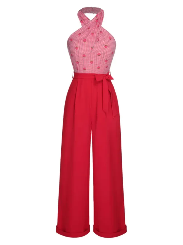 RED 1950S STRAWBERRY CROSS HALTER JUMPSUIT