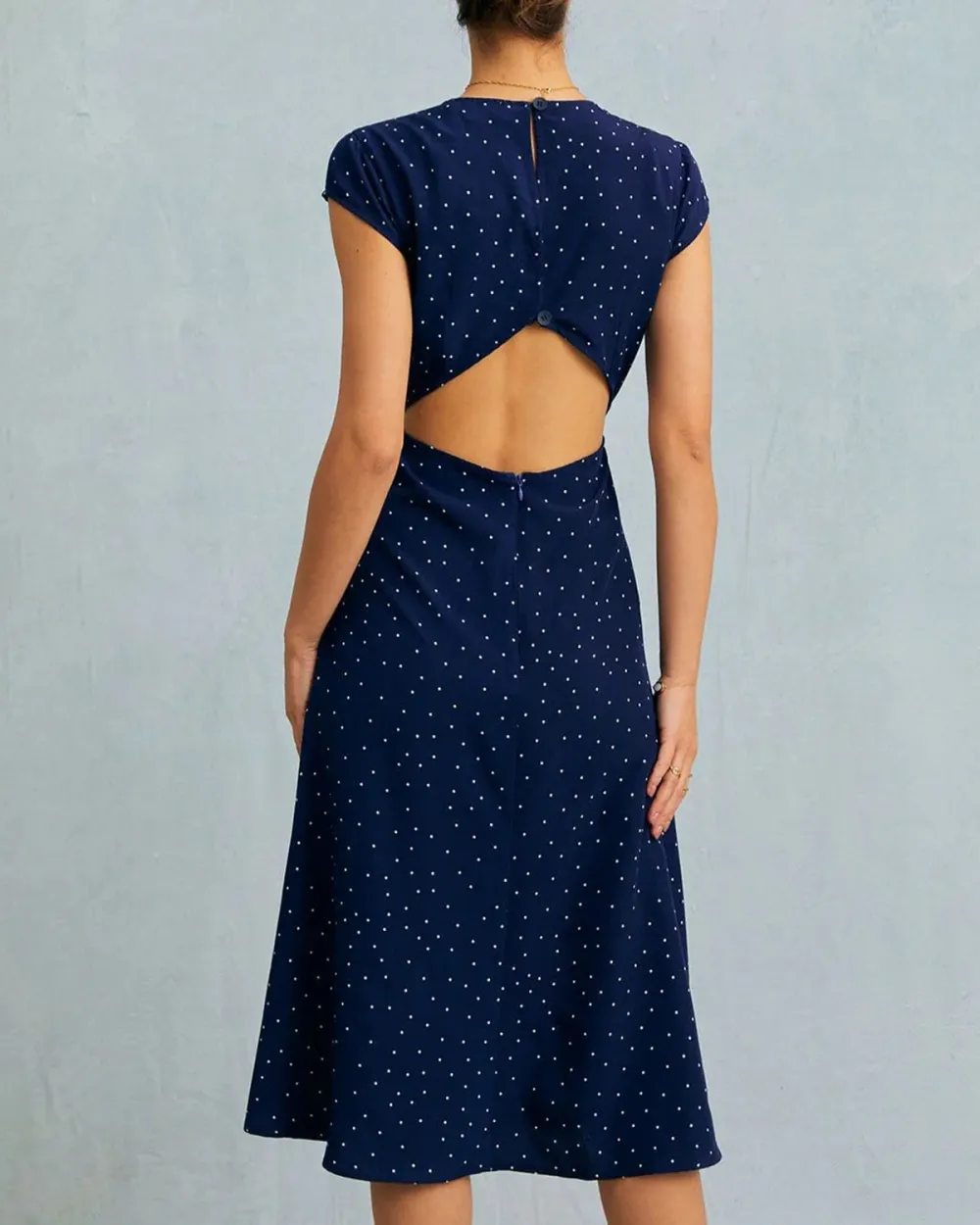 Navy blue polka dot back dress