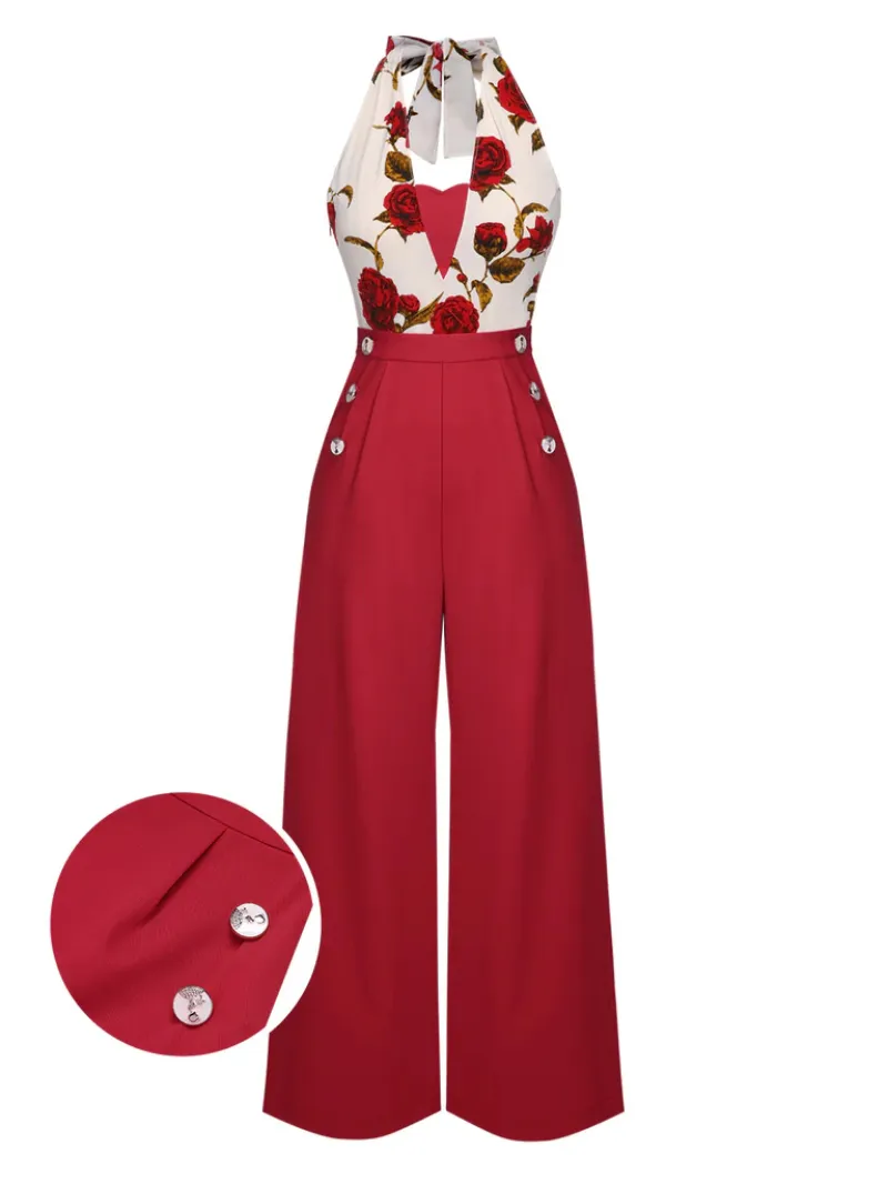 RED 1930S HALTER DEEP V-NECK ROSES JUMPSUIT