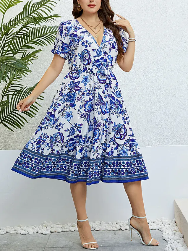 Plus Blue Floral Puff Sleeve Ruffle Hem Elastic Waist Midi Dress