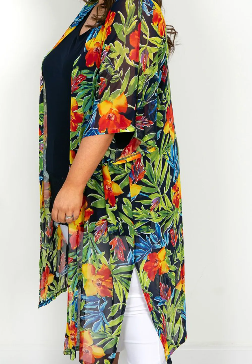 Tropical Print Mesh Kimono Jacket