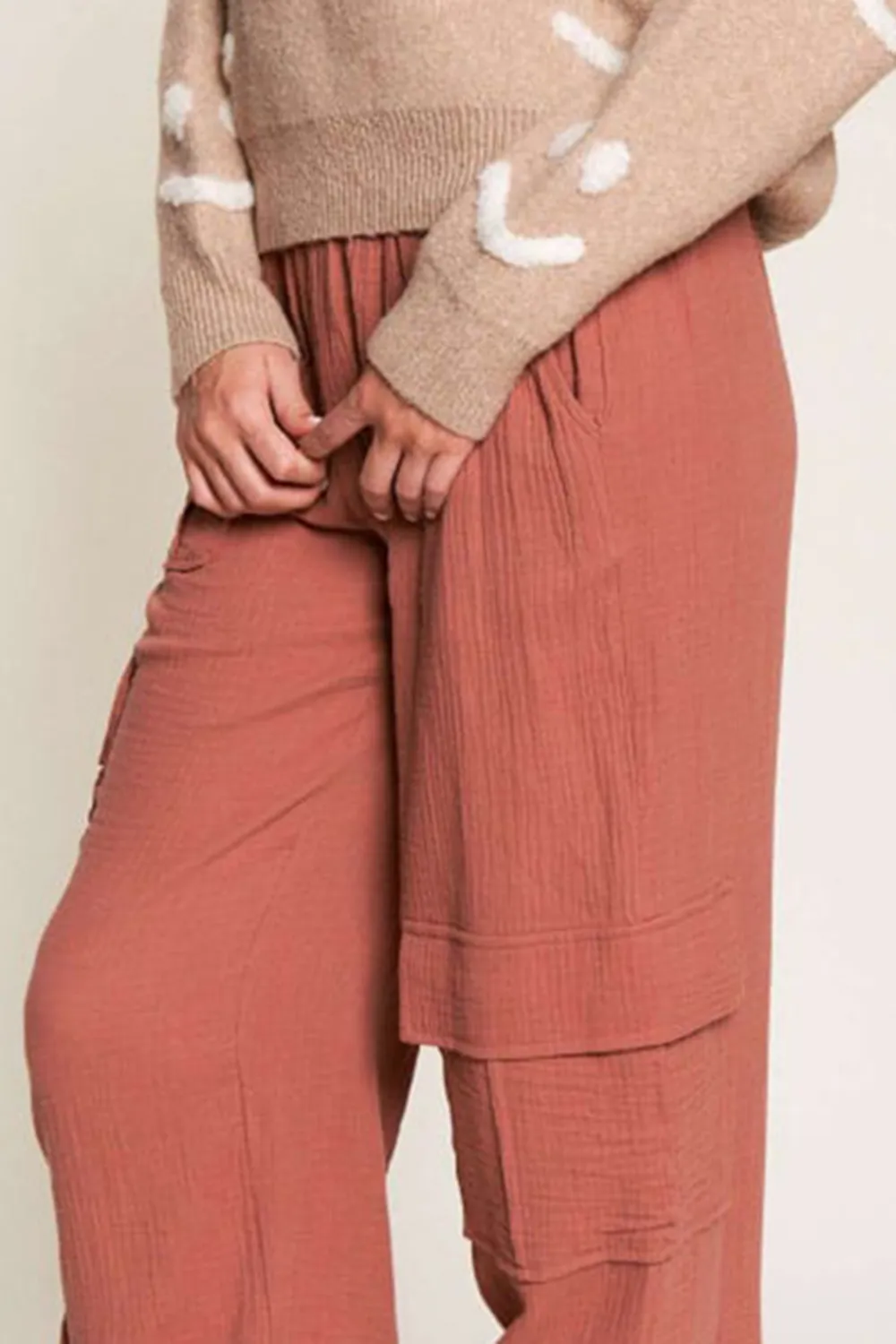 TERRACOTTA LINEN WIDE LEG CARGO PANTS