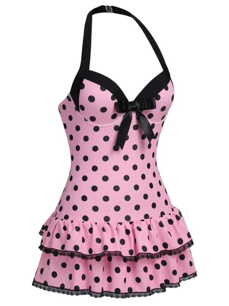 PINK 1940S HALTER POLKA DOTS BOW ONE-PIECE SWIMSUIT