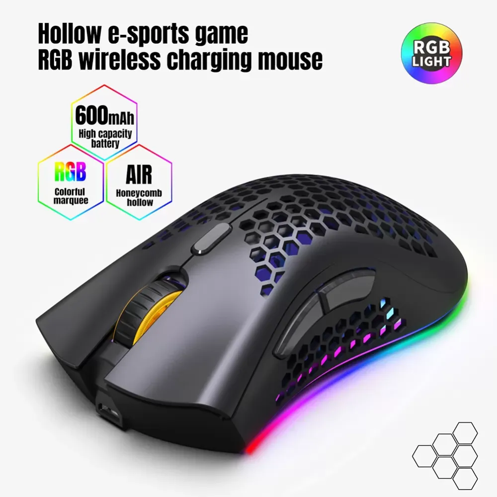 2.4GHz RGB Wireless Gaming Mouse Rechargeable Lightweight Hollow PC Mice,1600dpi three adjustable, suitable for laptops and pc