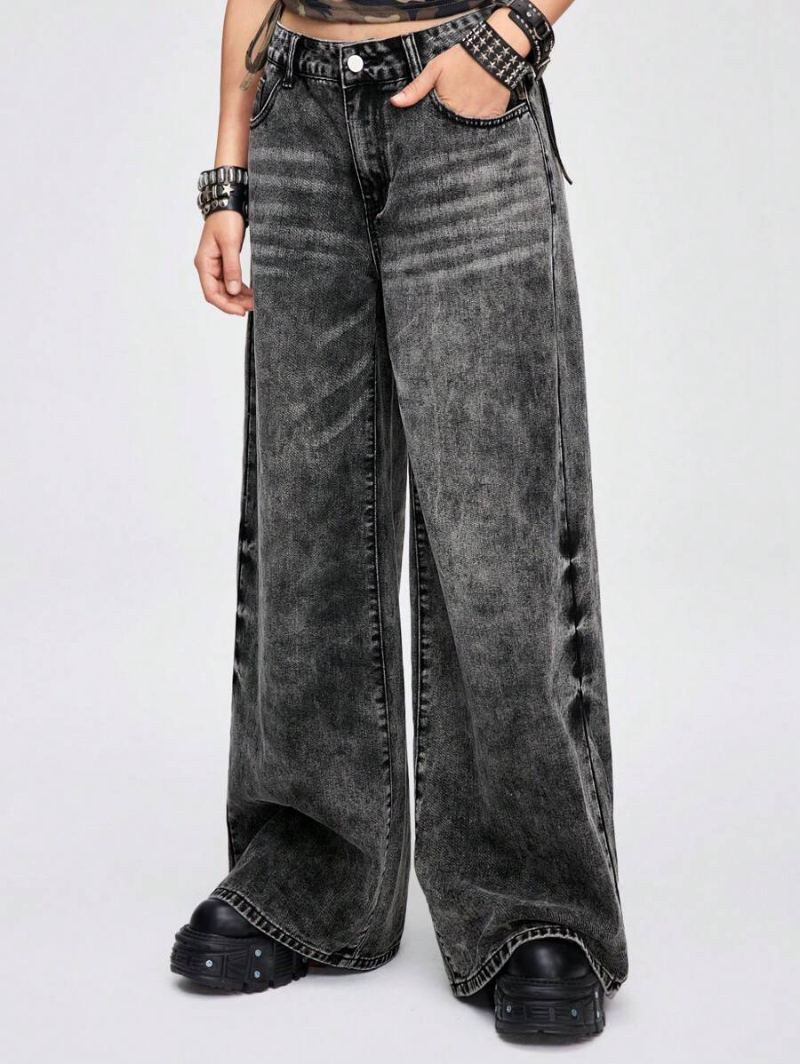 Grunge Punk Grunge Style Vintage Snow Washed Wide Leg Jeans For Women, Streetwear