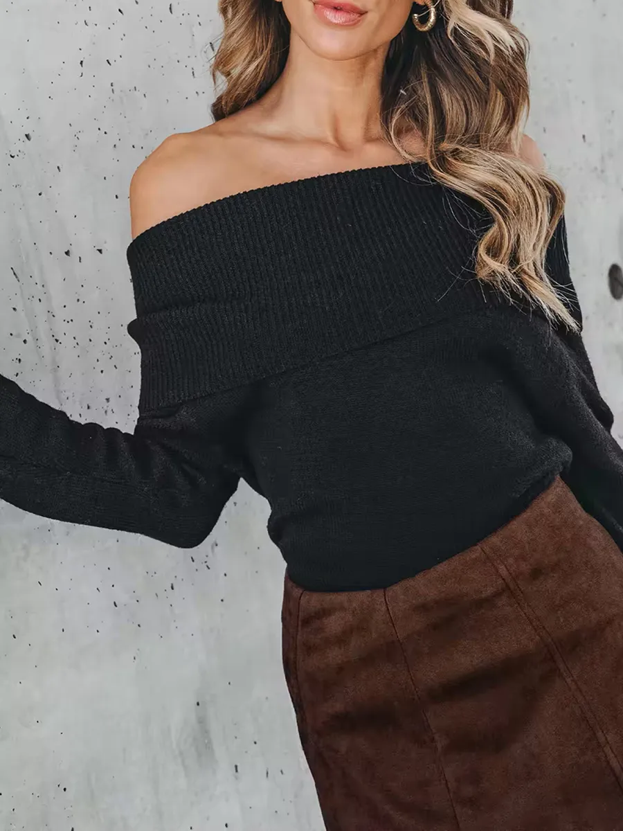 Women's black folded off-shoulder sweater