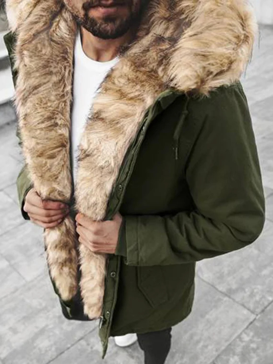 Men's Army Green Fur Collar Hooded Cotton Jacket