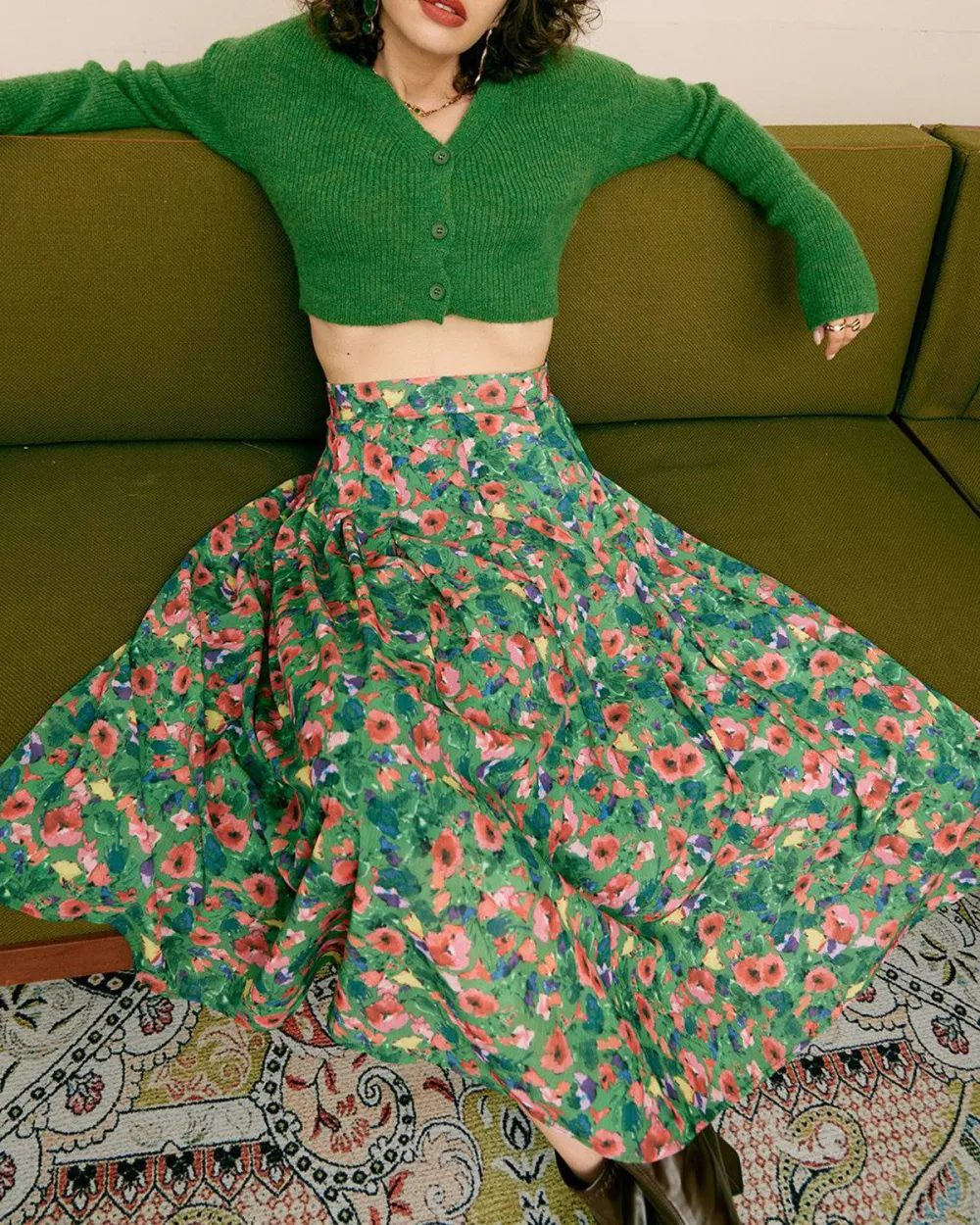 Green floral print flowy skirt